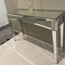 Glittery Rhinestone Console Table Silver Mirrored Long Narrow Makeup Vanity Desk