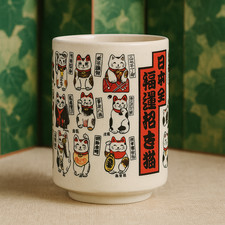 Japanese Lucky Cat Maneki Neko Teacup – Ceramic Yunomi Mug – Made in Japan