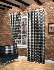 Pair of Eyelet Tartan Checked Stripe Ready Made Lined Curtains Black Red Natural