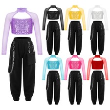 UK Girls Hip Hop Street Modern Dance Costumes Long Sleeve Crop Tops w/Trouser