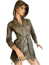 Genuine Leather parka khaki small detachable hood upcycled leather 