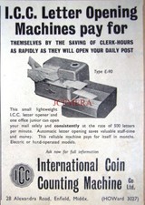 INTERNATIONAL COIN COUNTING Co. Letter Opening Machine Advert - Small 1958 Print