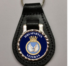 HMS Spartan Veteran Royal Navy Military leather pear drop shape keyring