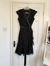 Hobbs Black Floral Jacquard Ruffle Hem Wrap Dress Size 12