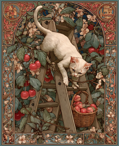 White cat climbing orchard - cat,