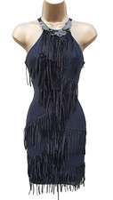 6 UK  KAREN MILLEN Black Silk Art Deco Fringe Gatsby Flapper Cocktail Mini Dress