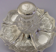 LARGE RARE 478g STERLING SILVER DUNLOP FAMILY CRESTED INKWELL STAND 1866 ANTIQUE
