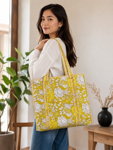 Yellow floral quilted - floral, tote