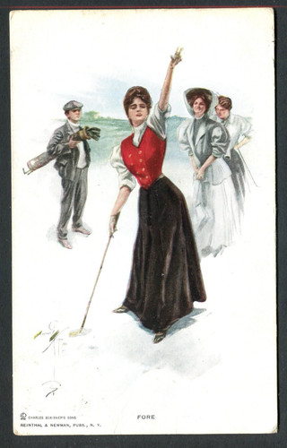 Comic golf fore lady - -, 'fore!'