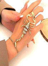 Halloween Retro Gold Scorpion Hand Chain Ring And Bracelet With Cubic Zirconia 