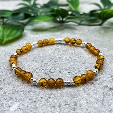 Natural Baltic Amber & Sterling Silver Beaded Bracelet Stretch Stacking Gift UK