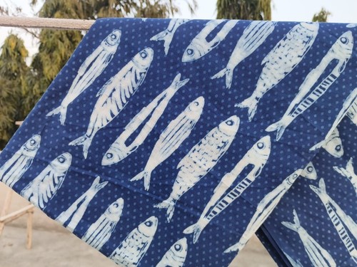 Indigo blue fish hand block - fish,