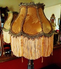 Madame Bella, Victorian  beaded lampshade. Dark  gold silk. 12" Metalic braids