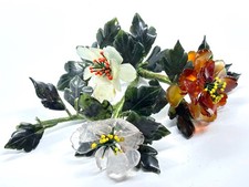 Vintage Branch Of Chinese Carved Gemstone Leaves/Flowers Jade Bonsai Tree