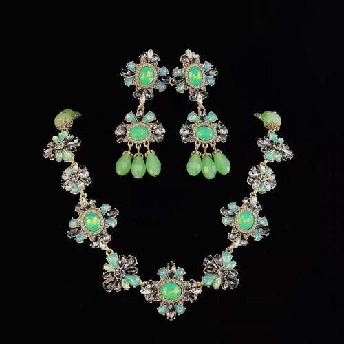 Green floral jewelry set - green,