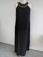 French connection 100% silk long black dress embellished neckline size 10
