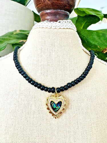 Black beaded necklace with - black,