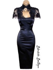 Karen Millen Size UK 12 VINTAGE SATIN LACE WIGGLE PENCIL DRESS IN BLACK