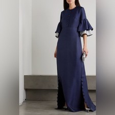 NWT Reem Acra Button Embellished Ruffled Satin Pique Gown Navy Blue Sz M