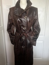 Ladies Brown Leather Worn-effect Trench Coat Lined UK Size 12/L Made in Turkey 