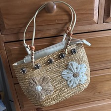 Pretty Straw Bag with Zip Closure and Beaded Handle Summer Beach Bag