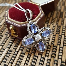 925 Sterling Silver Necklace, Genuine Tanzanite And Topaz Pendant, 18" Chain 