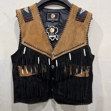 Men’s Suede Western Fringe Vest Black Brown Leather Bone Beads Native Cowboy