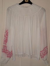 M&S Per Una Ivory  Smocked Top/Blouse with Pink Embroidery Sleeve Detail Size 12