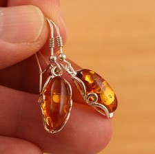 Cognac Baltic Amber 925 Sterling Silver Dangle Drop Earrings Gift Boxed