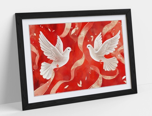 Flying doves red - flying, ribbons