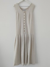 Ladies St Michael Linen Dress Drop Waist Button Down Pleated Size 16 Beige 