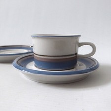 Arabia Uhtua blue stripe small cup & 2 saucers, 80s Finland. Demitasse espresso