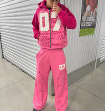 Pink Sports Sweat Suits Streetwear Distressed Embroidery Patch
