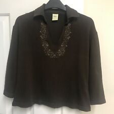 Cotton Traders.12.Ladies Short Dark Brown Collared Embroidered Long sleeved Top