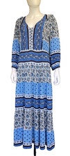 Monsoon Blue Dress Bohemian Long Sleeve Size M 12 14 Patchwork Dress