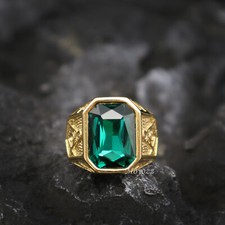 Mens Lab Created Green Emerald Stone Masonic Ring Stainless Steel Size 7-15 Gift