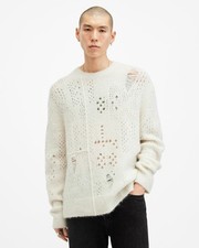 AllSaints Men's Jumper Ivory Alpaca Wool Blend Distressed Knit Crew Neck Size M