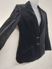 Dereta Ladies Black Velvet Blazer Jacket Sz 12 V Neck Pockets Vintage 70s Retro 