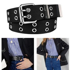 Women Canvas Casual Dress Jean Double Hole Grommet Belt Black Punk Cutout Belt