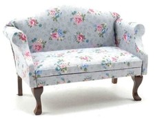 Dolls House Walnut & Grey Floral Queen Ann Sofa Gray Living Room Furniture