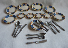 Dolls House Plates + Platters Blue Pattern Pink Flowers + Knives Forks Spoons  