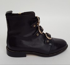 Russell & Bromley Black Leather Ankle Boots with Gold Buckle Detail UK 4.5