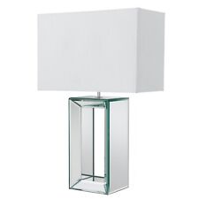Mirrored Reflection Base Design Bedside Table Lamp Light White Faux Silk Shade