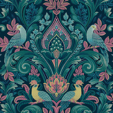 Colourful Peacock Damask Textured Vinyl Wallpaper Navy / Pink Grandeco A67801