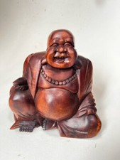WOODEN HAPPY BUDDHA FIGURE Ornament 20 cm CHINESE LAUGHING Sitting HAND CARVED