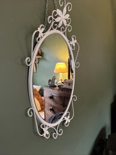 Vintage White Wrought Iron Metal Mirror Wall Shabby Chic French Oval Floral