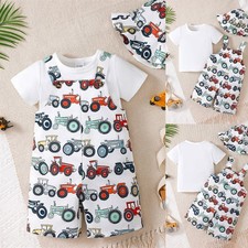 3PCS Newborn Baby Boys Car Print Jumpsuit Tops Pants Romper Outfit Clothes Set