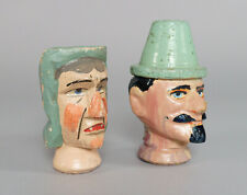Pair Antique Carved/Painted Wooden Punch & Judy Puppet Heads inc. Mr Scaramouche