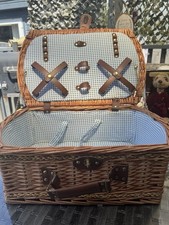 Vintage Wicker Picnic Basket Blue White Checked Inner Lining