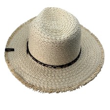 Screamer Straw Fedora Hat Leopard Print Band Frayed Brim Summer Beach